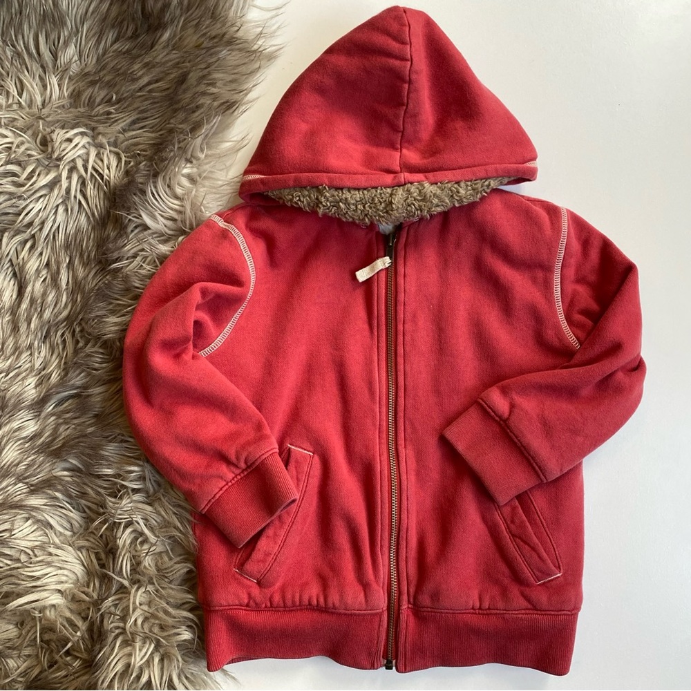 Mini Boden Red Thick Sherpa Lined Hoodie Jacket | 5-6 y